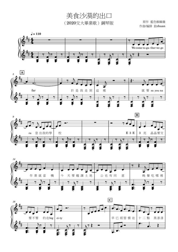 【樂譜】美食沙漠的出口（2020交大畢業歌）鋼琴版